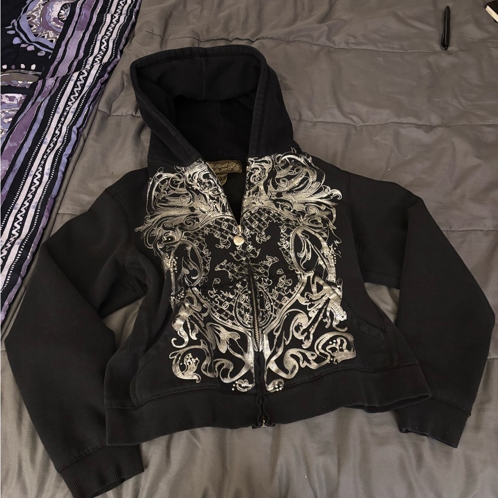 Women's Y2K Black Hoodie with Silver Design